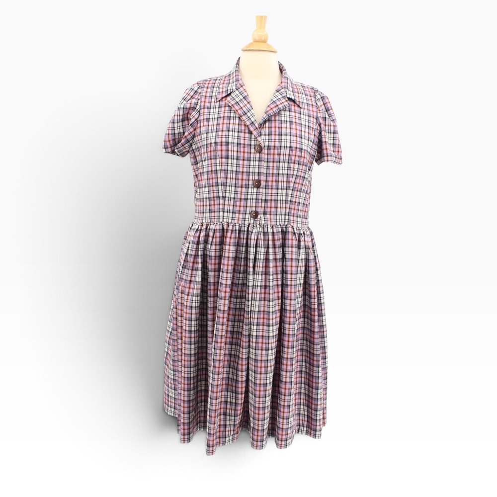 Brilli Ladies Valerie Dress Large Plaid Short Sleeve Fit & Flare Button Front